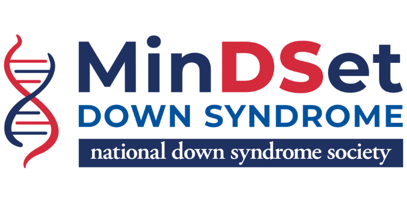MinDSet Down Syndrome by the National Down Syndrome Society logo. Graphic of red and blue DNA.